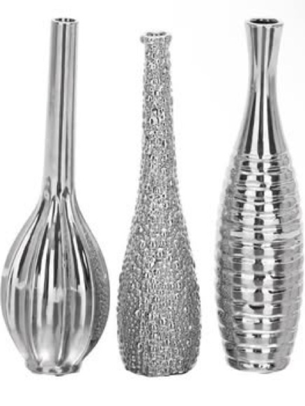 Set of 3 Silver Decorative Vases with Textured Finishes